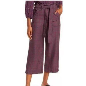 Marine Layer Paper Bag Waist Pants Purple Plaid Caroline Cropped Wide Leg‎ XL